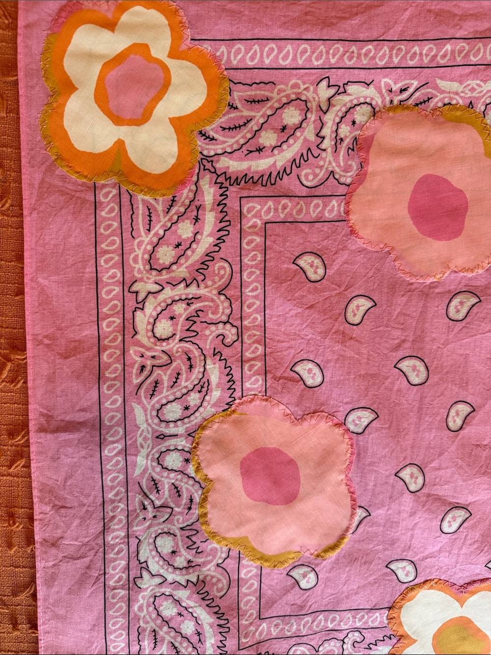 Appliqué Vintage Sheet Cotton Pink Floral Bandana Scarf - Picture 2 of 6